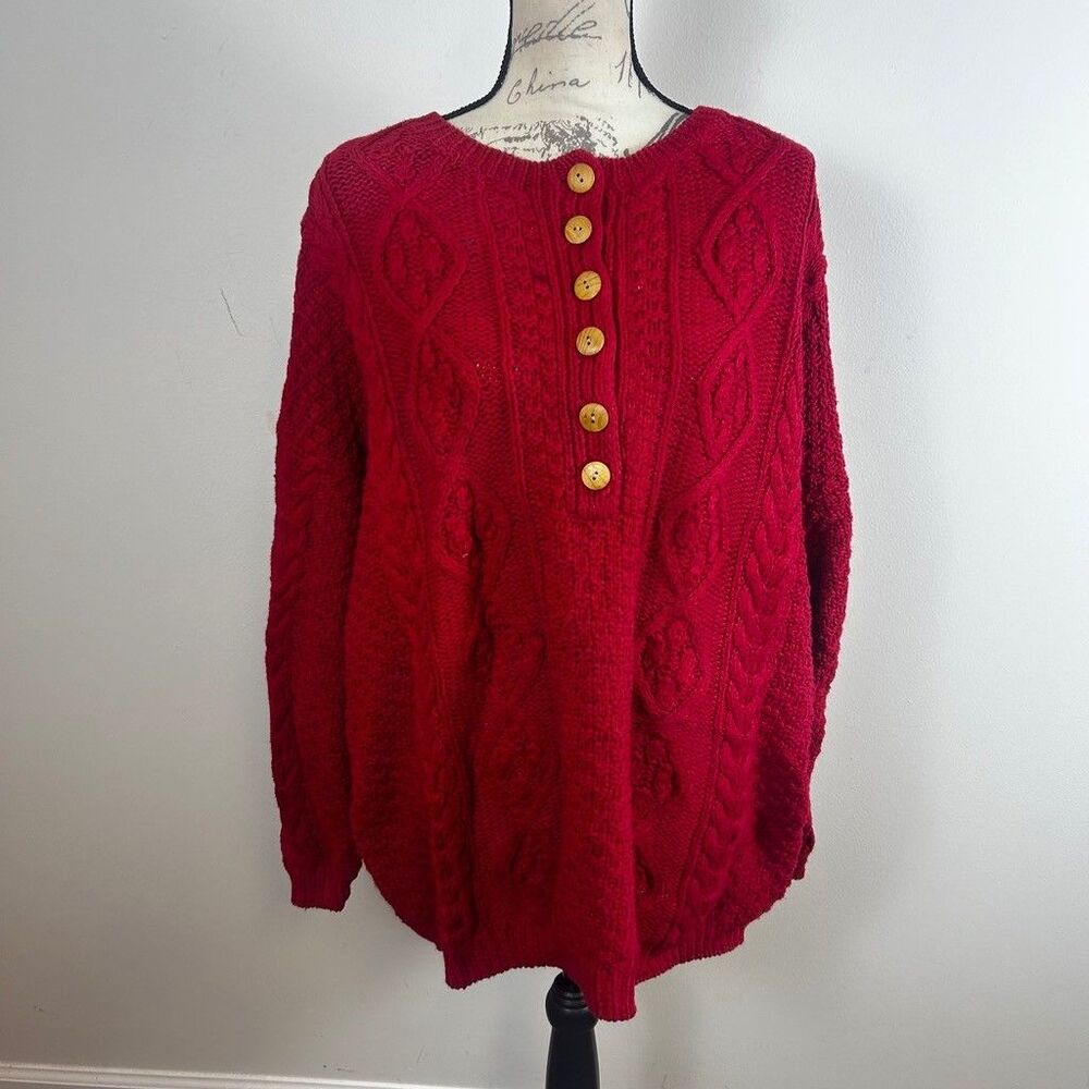 Rosanna Woman Red Cable Knit Sweater Womens 2X Ramie Cotton Henley Button